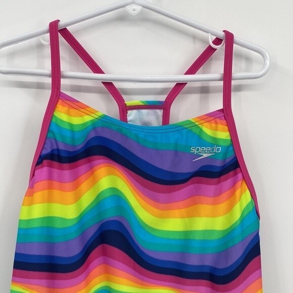 Speedo Girls Stretch Rainbow 🌈 Square Neck Sleeveless One-Piece Swimsuit Large - Picture 2 of 7